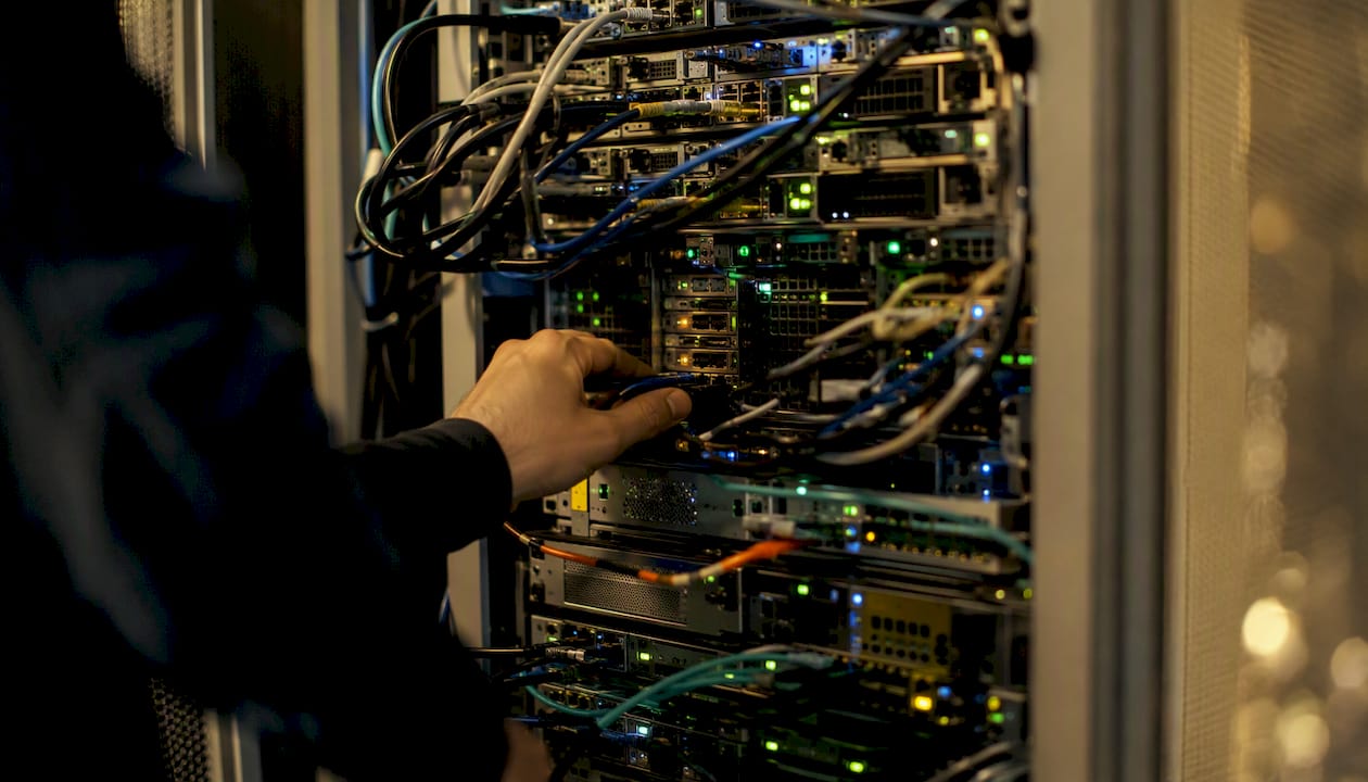 Close-up of shared server cluster with hand adjusting cable