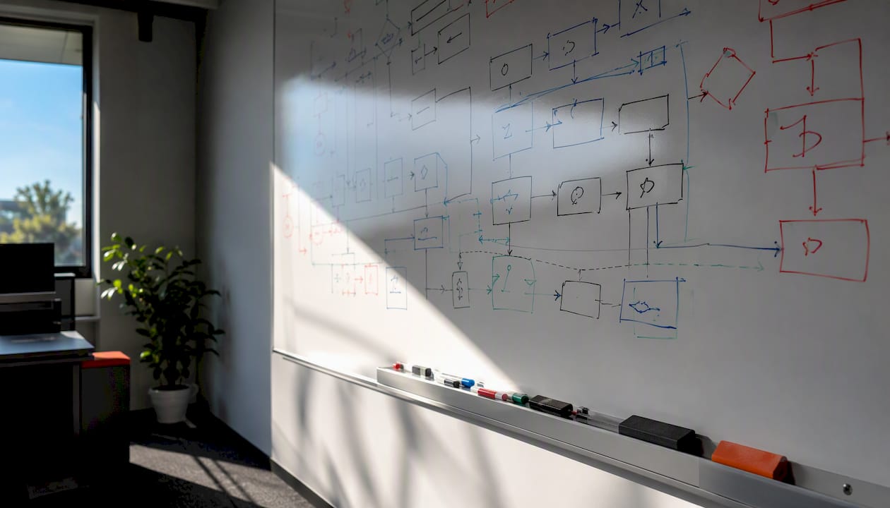 Whiteboard with detailed workflow diagrams