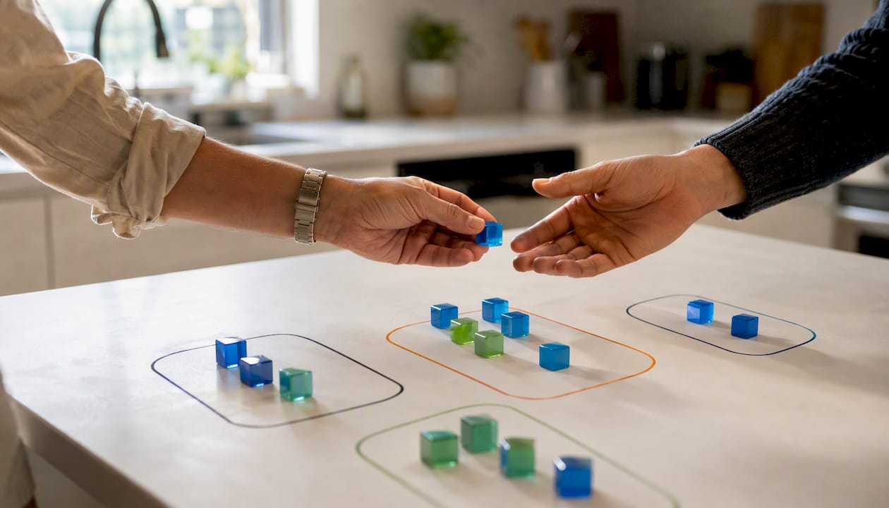 Hands moving cloud resource tokens on table