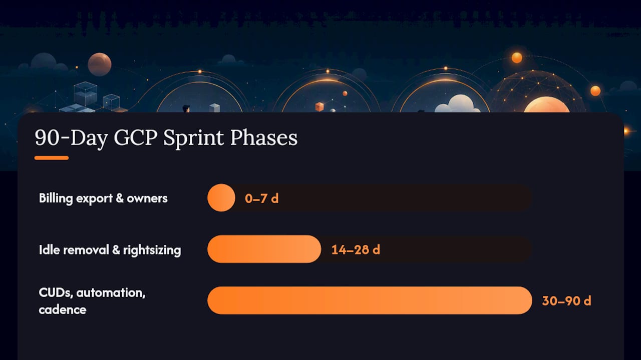 Timeline of 90-day GCP cost optimization sprint phases