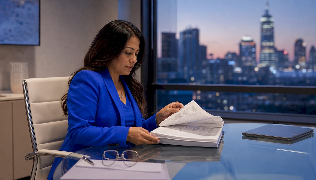 Close-up of lawyer reviewing NDA contract binder