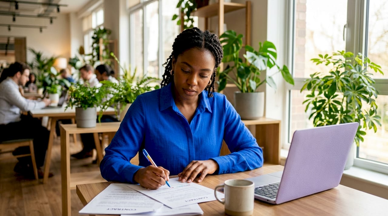 Hands typing contract metadata on laptop
