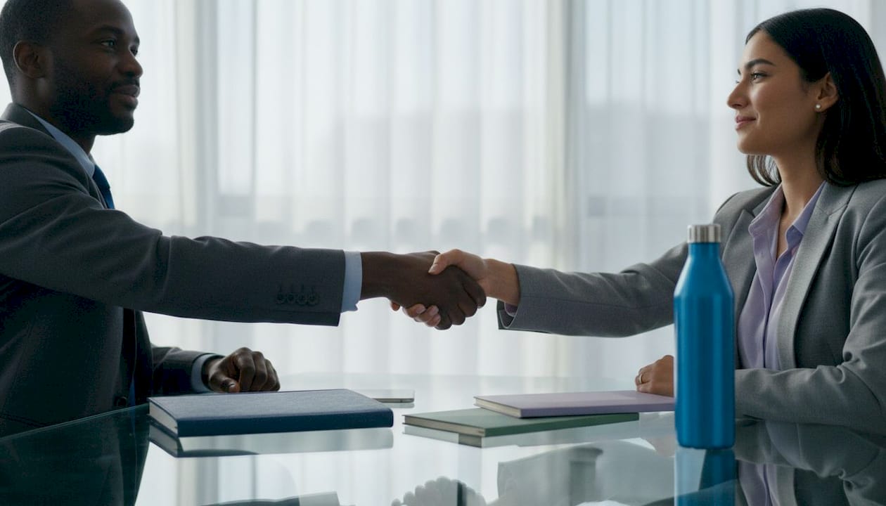 Business partners shaking hands over table