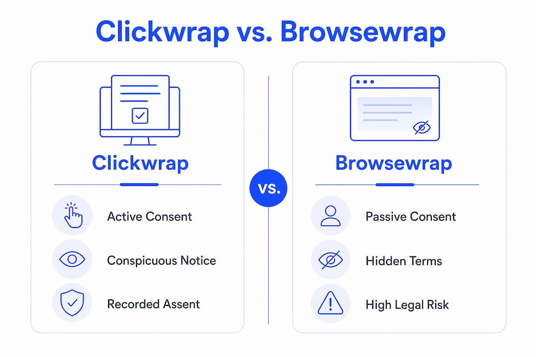 Infographic comparing clickwrap and browsewrap agreements