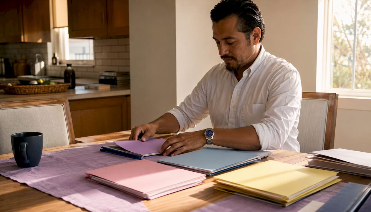 Hands organizing legal case folders overhead