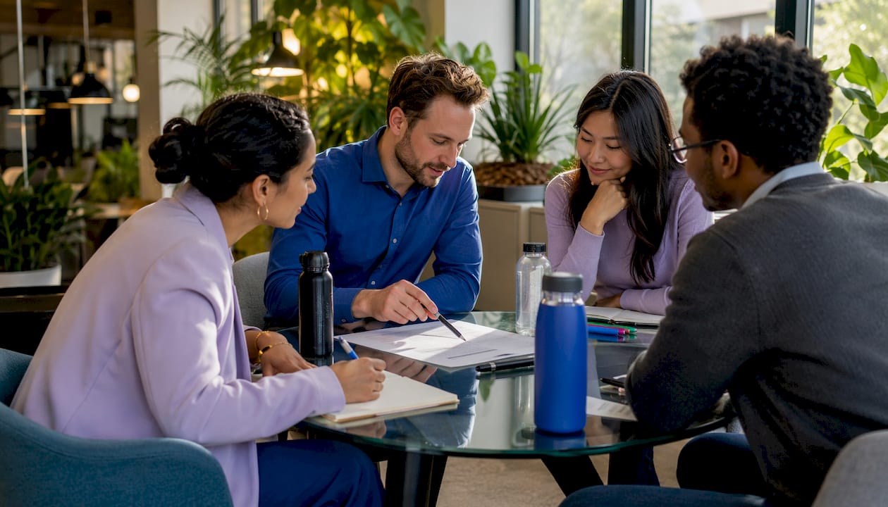 Business team discussing NDA in meeting room