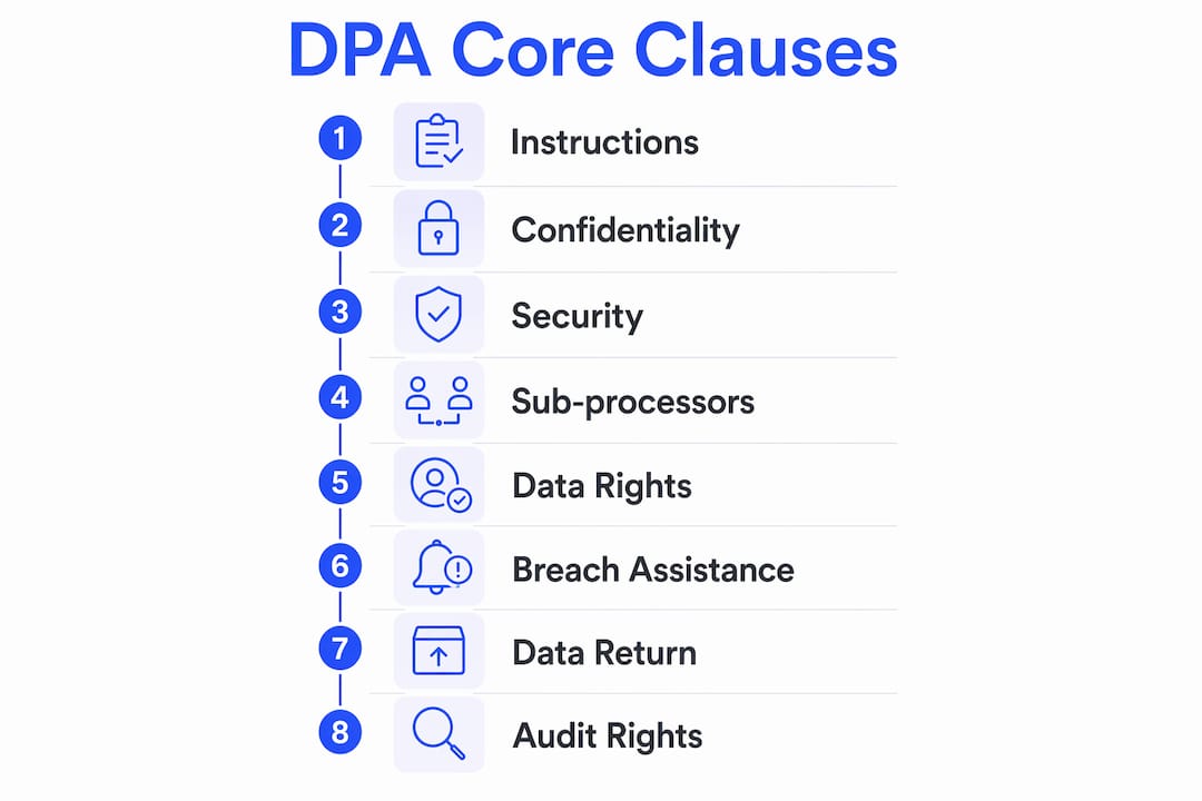 Infographic showing key GDPR Article 28(3) DPA clauses