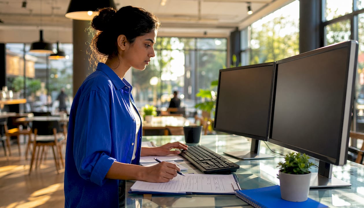 Woman working on contract software integration