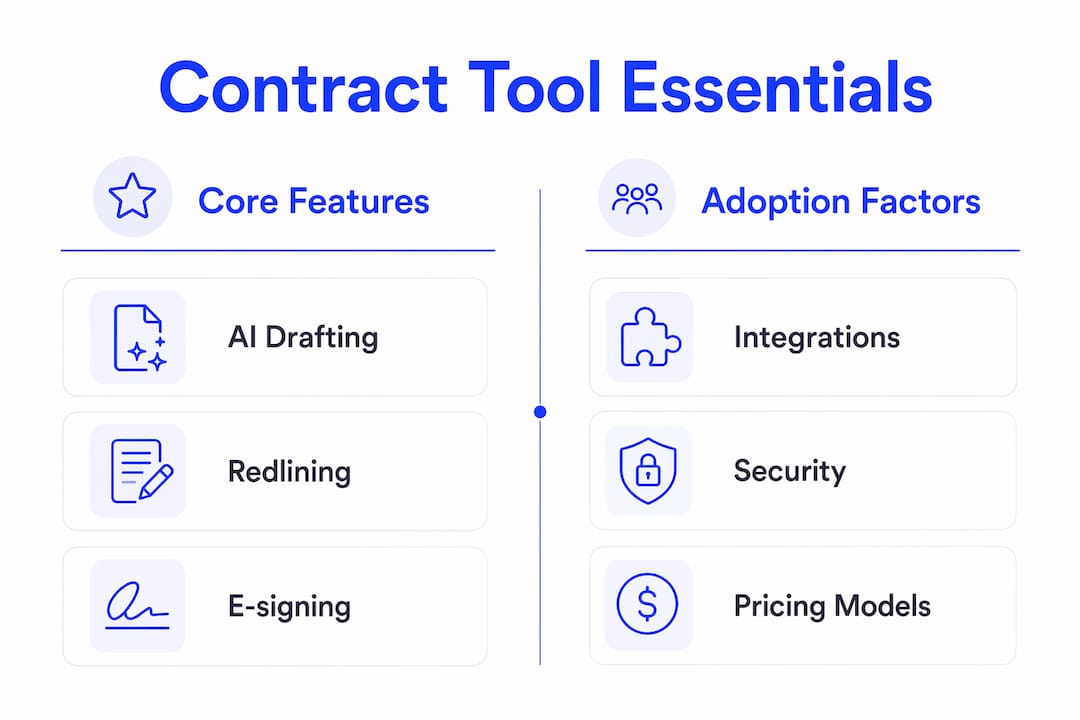Infographic comparing contract tool features and adoption factors