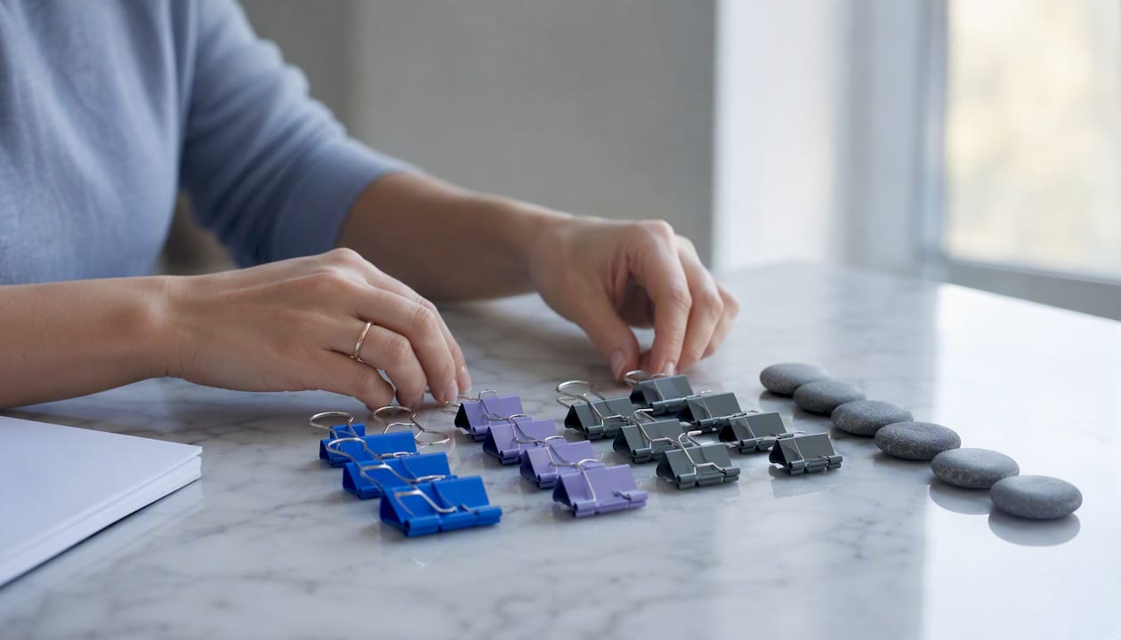 Hands arranging uniform binder clips on desk