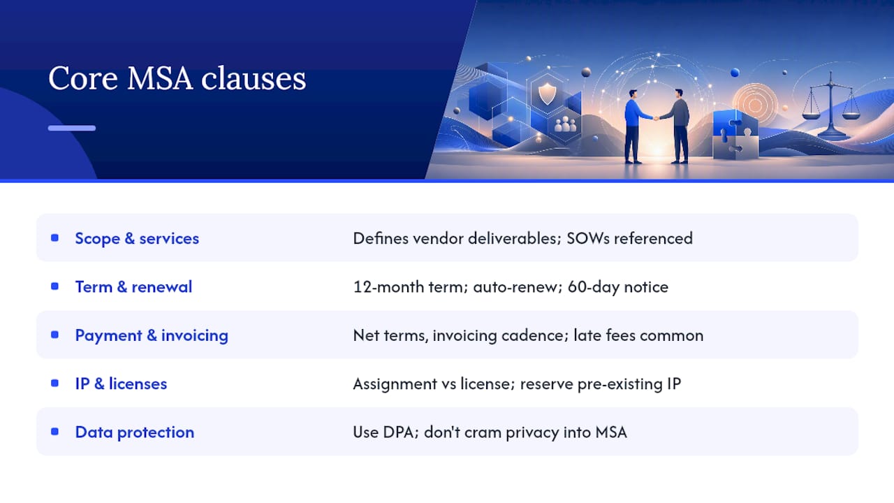 Which clauses does every MSA need, with sample language — overview diagram