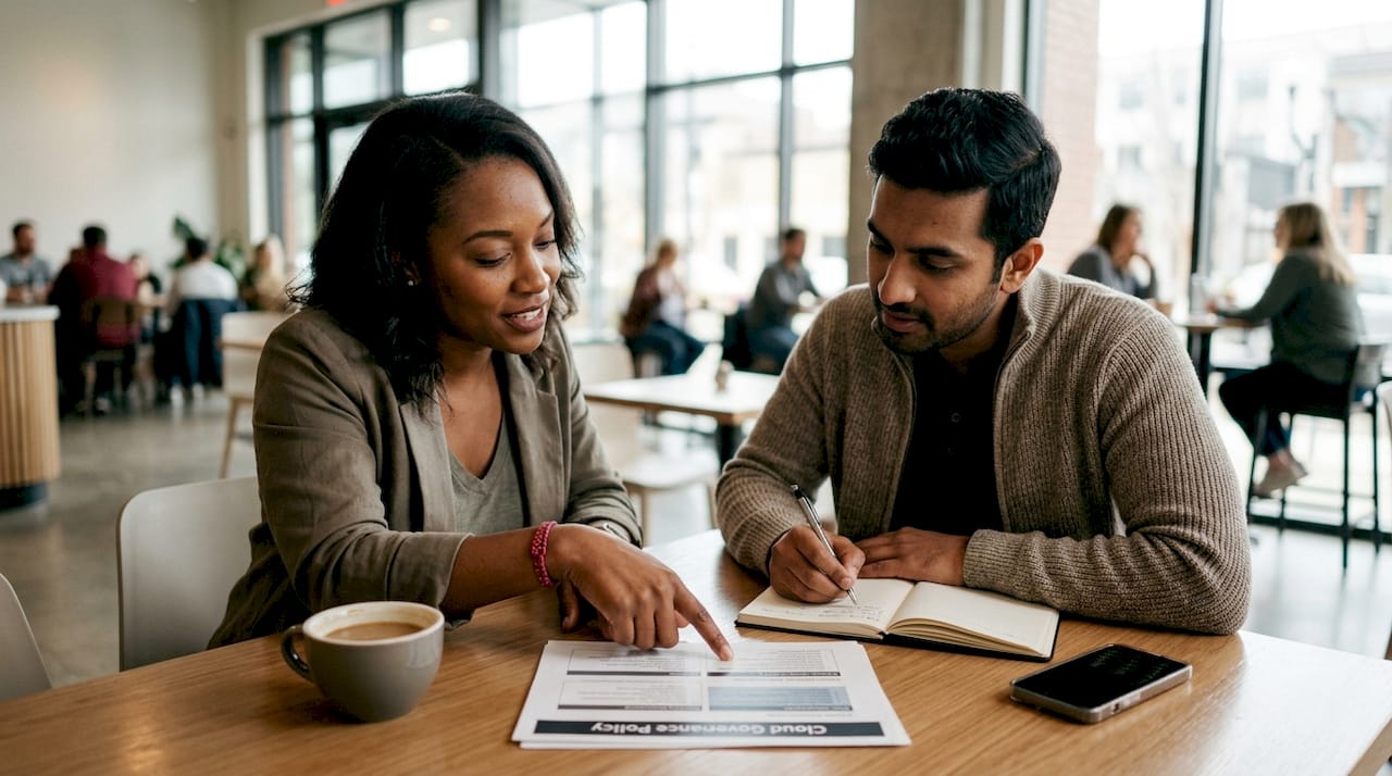Diverse IT team reviewing cloud policies