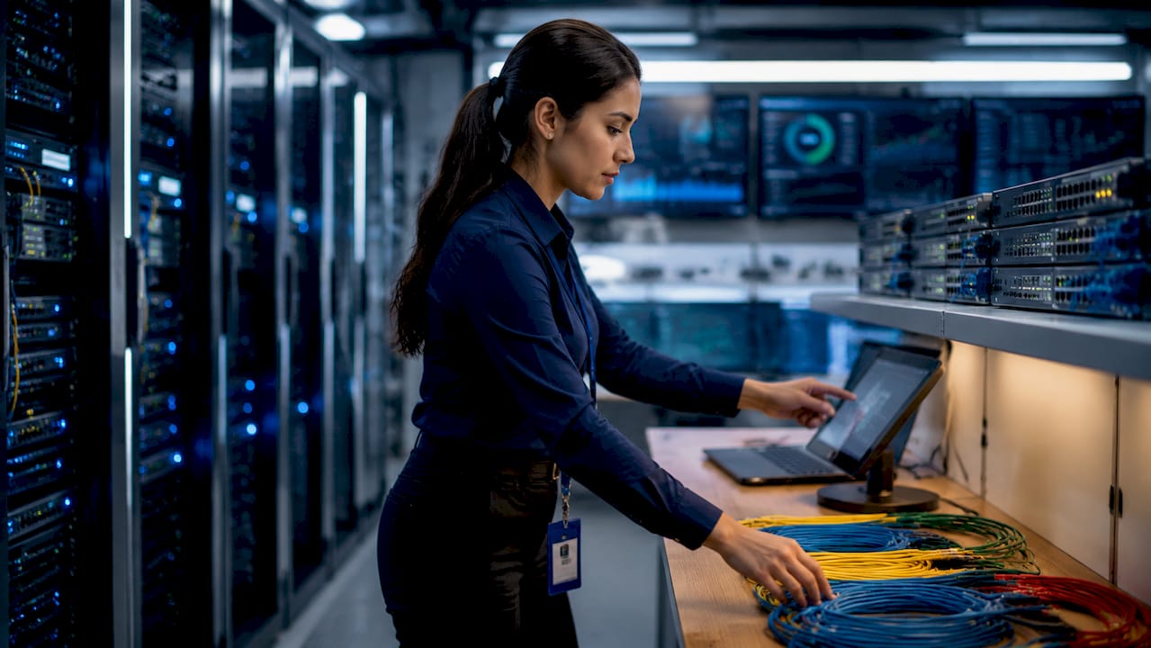 Technician adjusting network switch cables