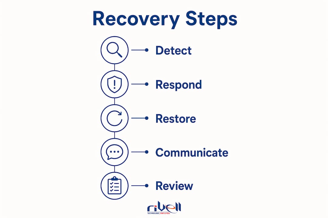 Infographic illustrating five steps of cyber attack recovery