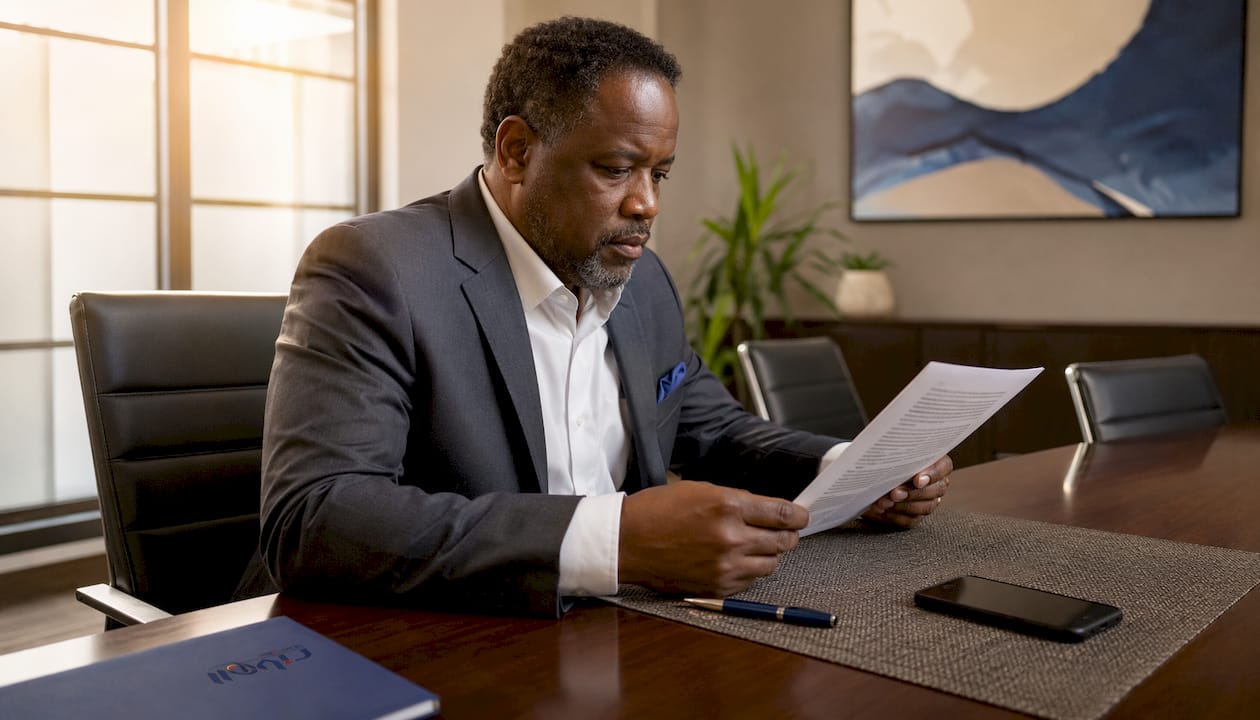 Compliance officer reviewing cybersecurity document