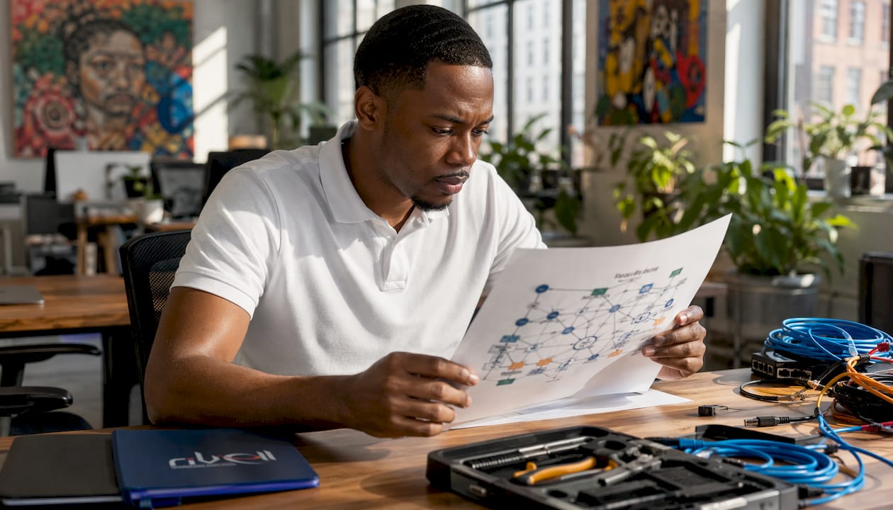 IT specialist reviewing network diagram in server room