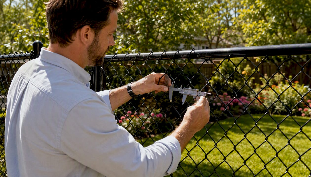 Hands measuring chain link fence gauge