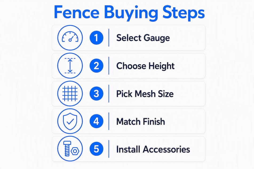 Infographic showing black chain link fence buying steps