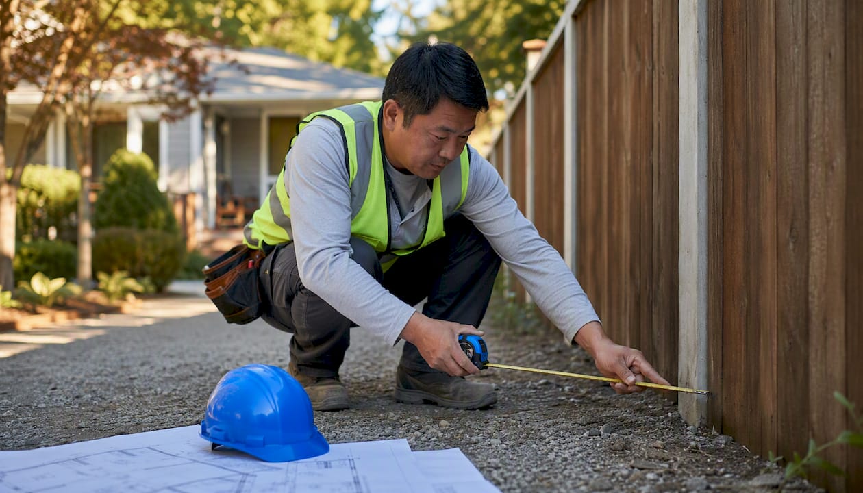 Fence contractor measuring fence line onsite