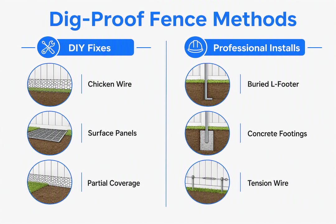 Infographic comparing DIY and professional dig-proof fence methods
