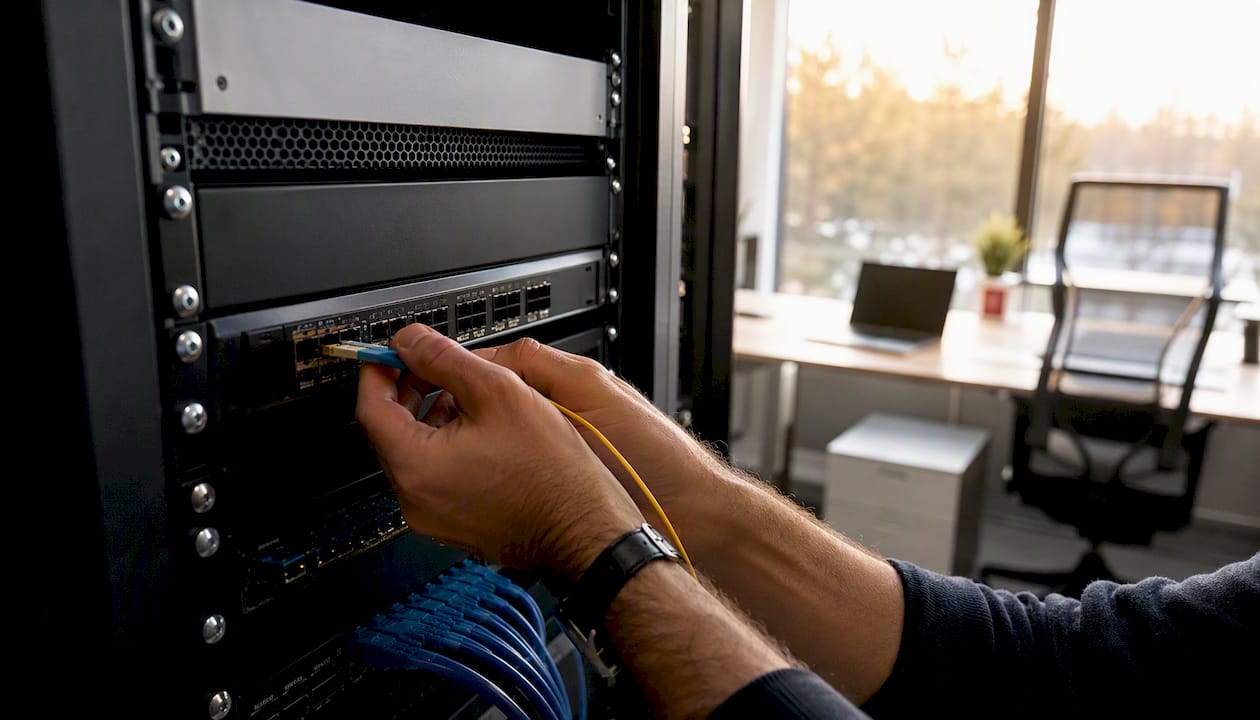 Hands plugging fiber cable in small office server rack
