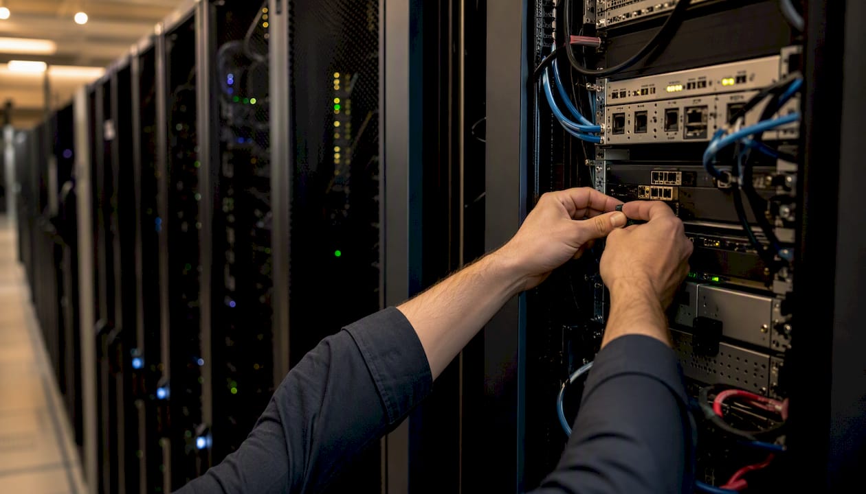 Hands inspecting audit controls in data center
