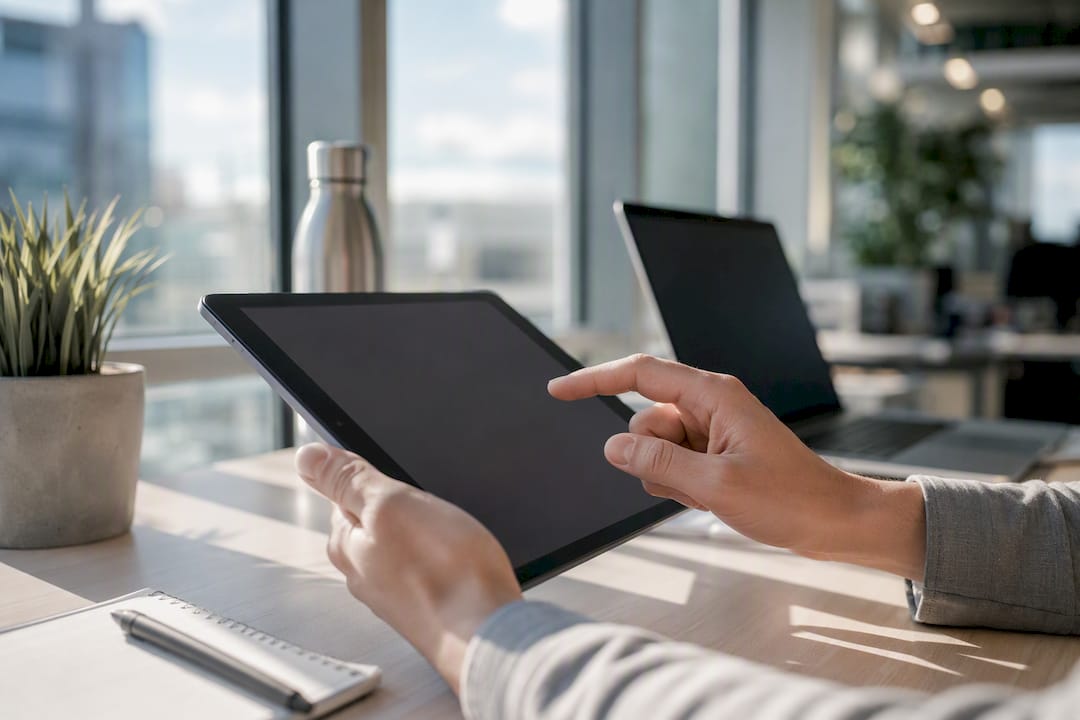 Hands navigating digital patch logs on tablet