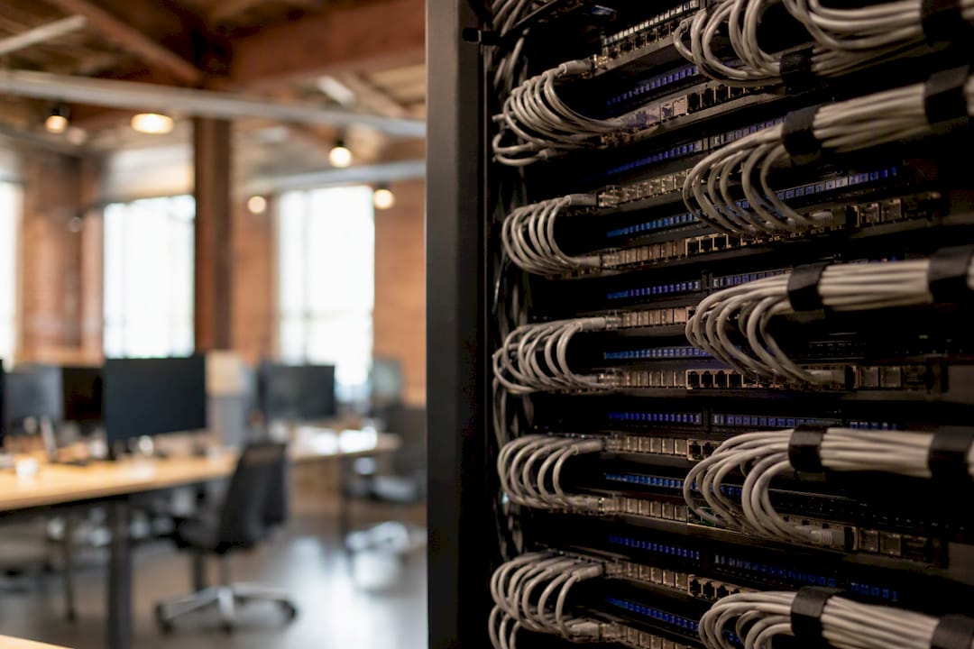 Network patch panel with many connected cables