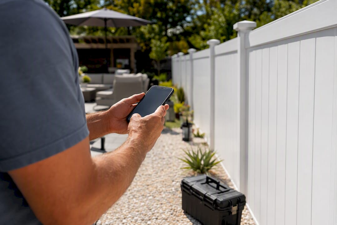 Contractor checking fence specs on smartphone outdoors