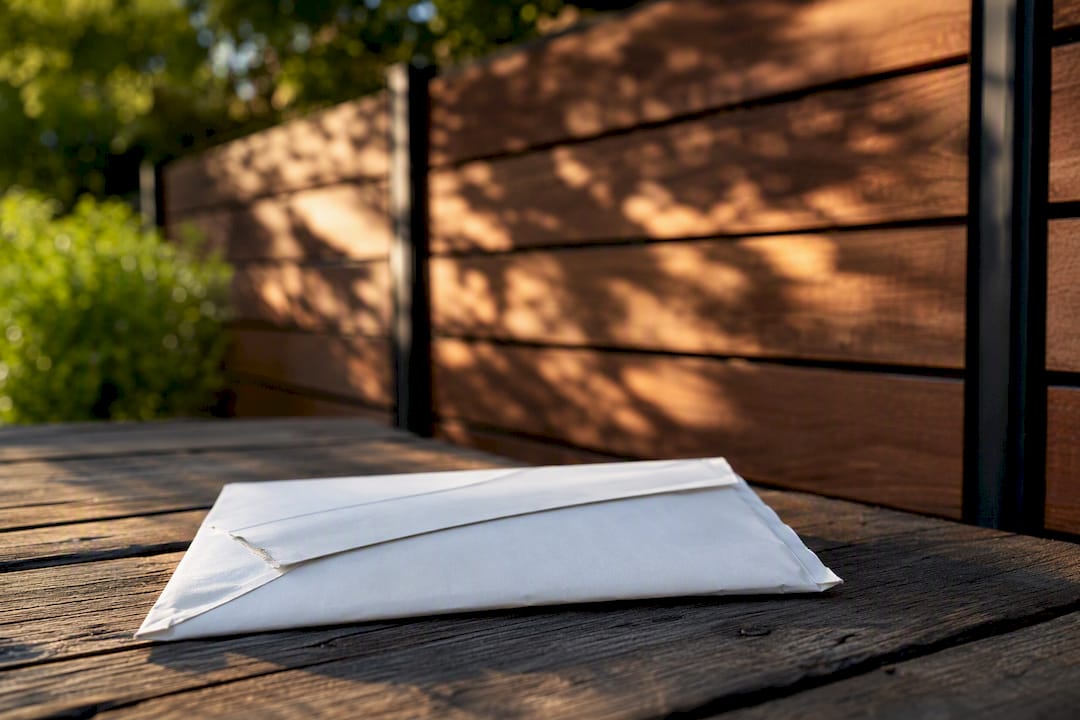 Certified mail envelope near fence on outdoor table