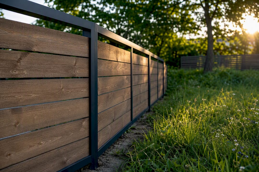 Wooden fence boards attached to metal frame