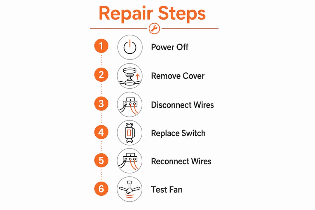Infographic showing steps to repair ceiling fan switch