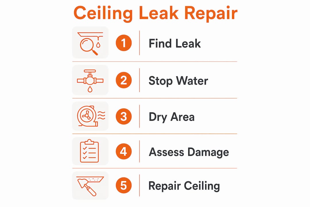 Infographic illustrating steps for ceiling leak repair