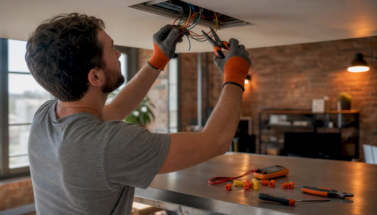 Hands working on ceiling fan wiring connections