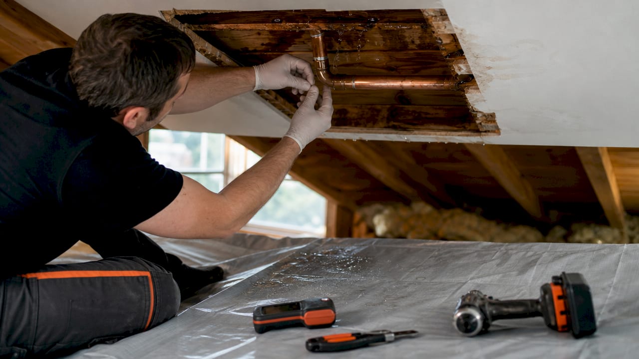 Plumber’s hands fixing ceiling leak with tools