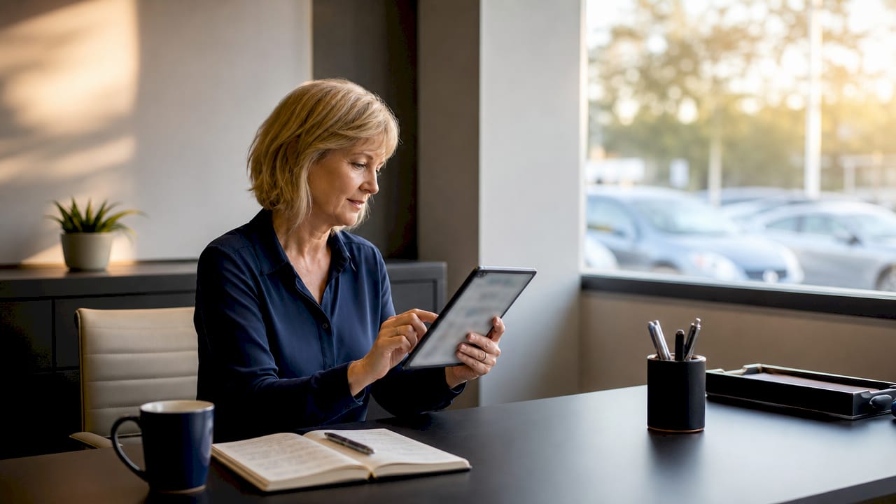 Hands using digital service report tablet indoors