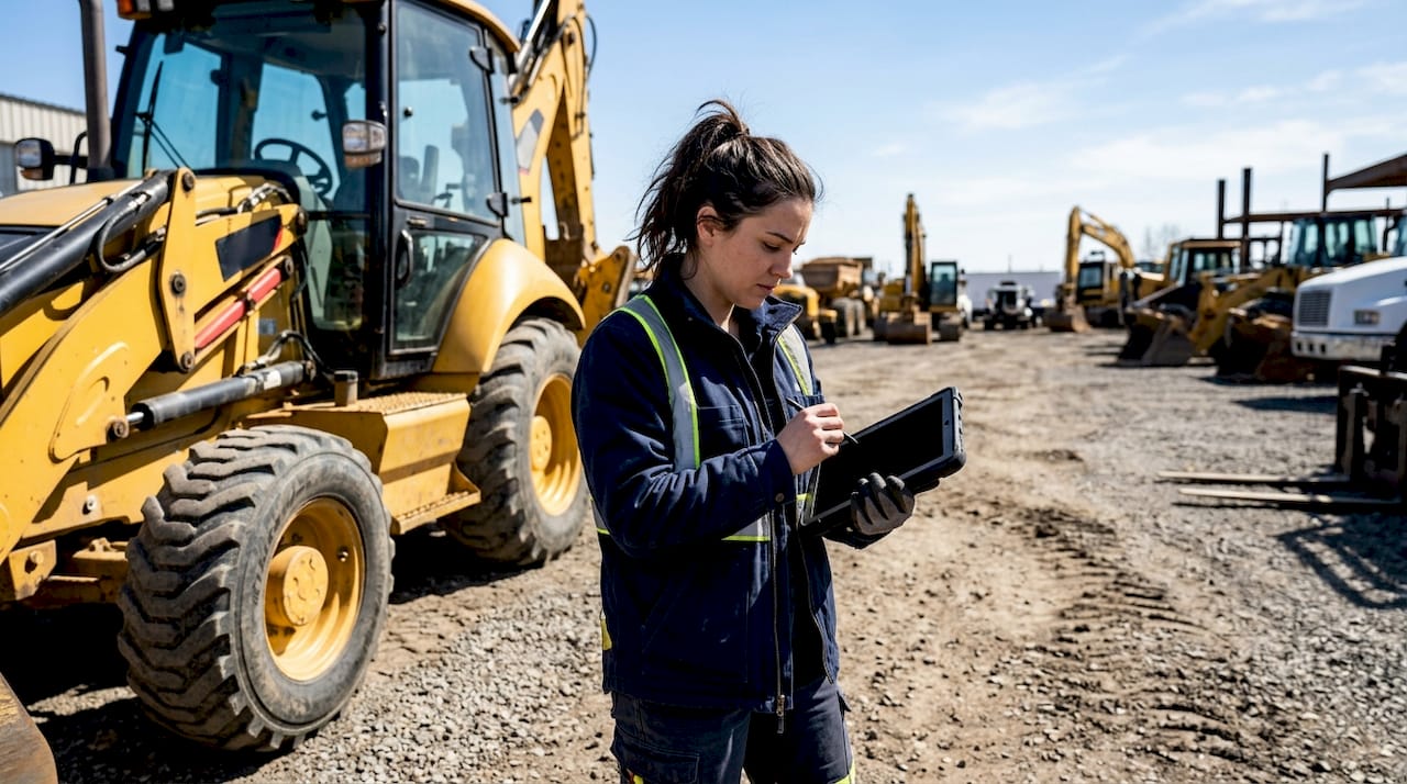 Field technician using tablet in dealership workshop