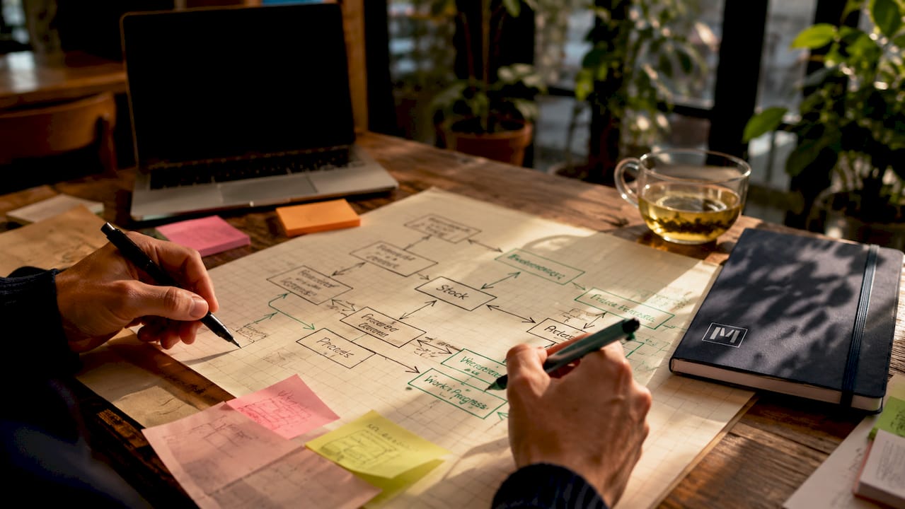 Hands drawing inventory stock flow diagram from above