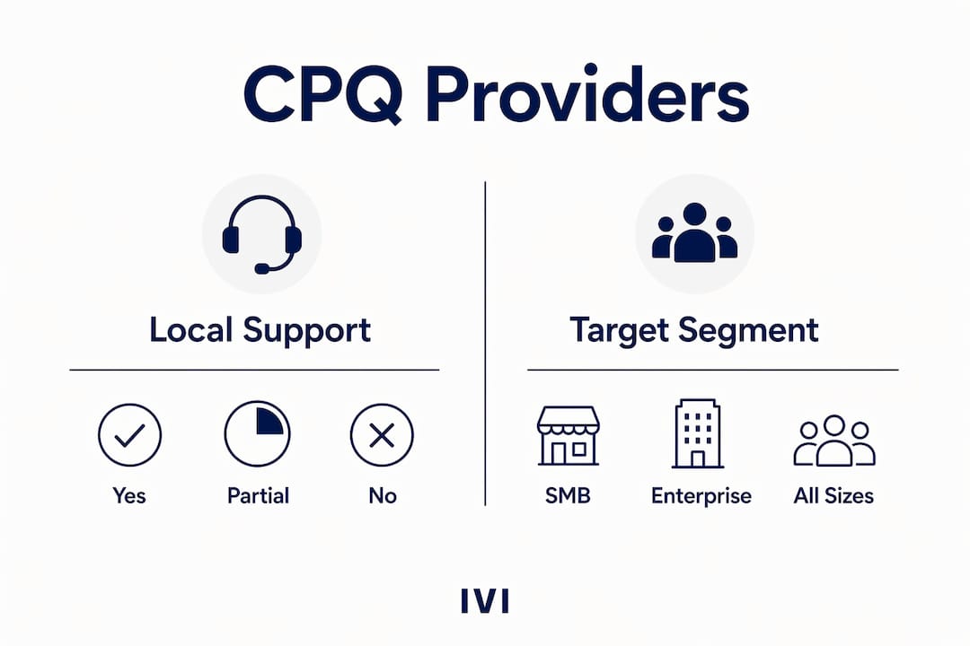 Infographic comparing CPQ providers by local support and target segment