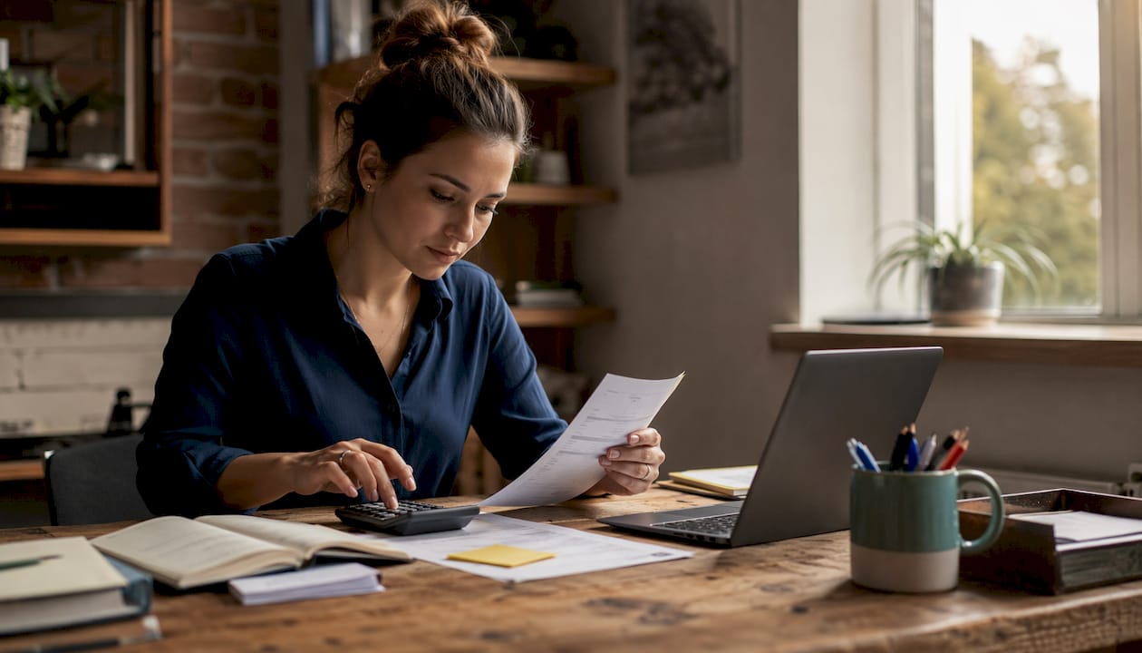 Accountant handling GST invoices and calculator