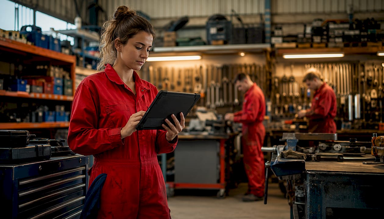 Mechanic using tablet with workshop software outdoors