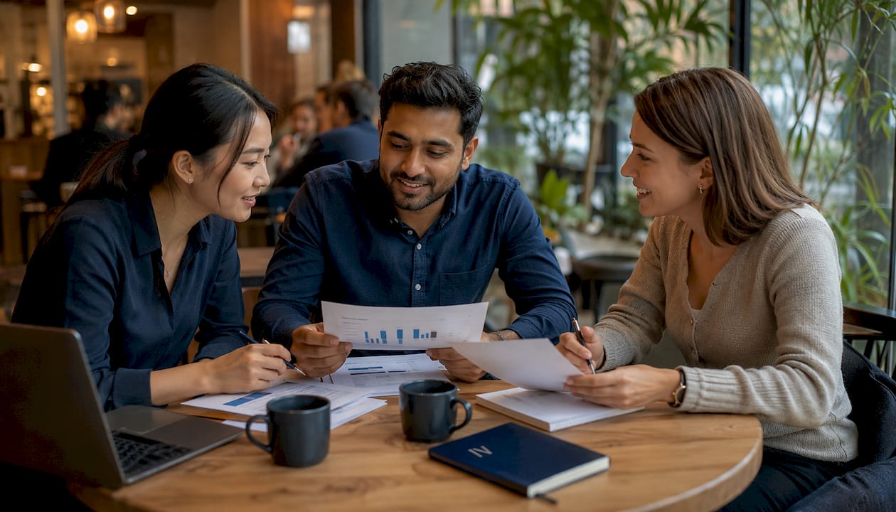 Dealership sales team collaborating in office