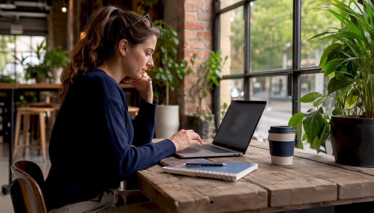 Woman using Odoo software at modern office desk