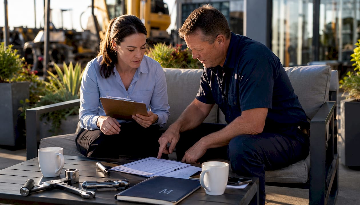 Workshop staff discussing work orders