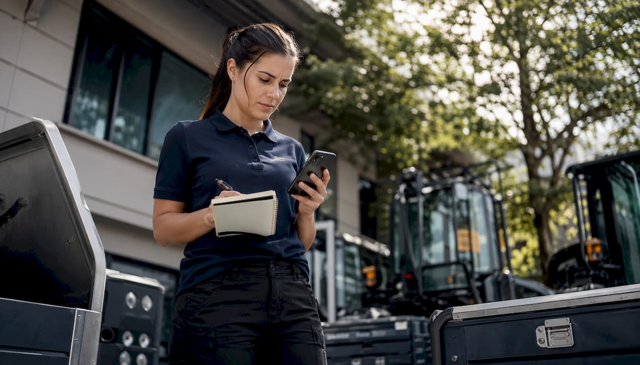 Service technician checking tasks on phone