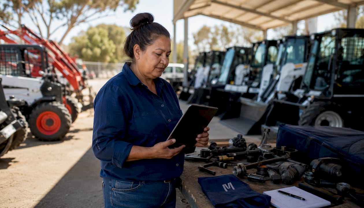 Hands using tablet at equipment workbench
