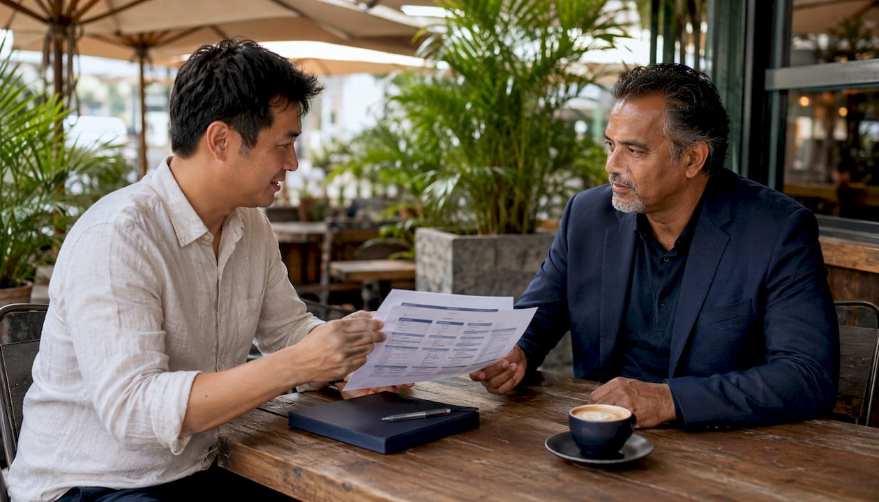 Hands exchanging finance comparison document