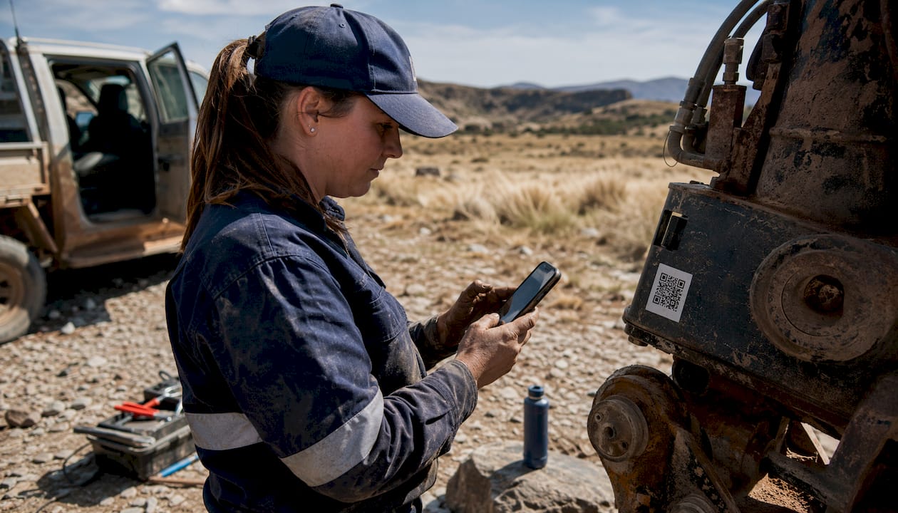 Field technician scanning equipment part outdoors