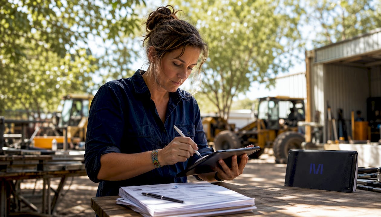 Technician managing tablet and paperwork