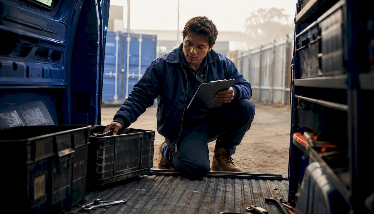Field technician checking parts inventory in service van